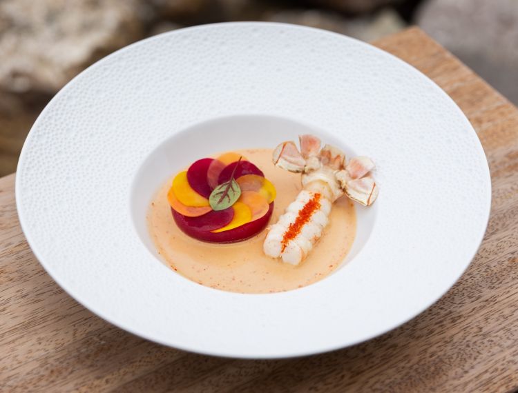 Scampo con emulsione ai crostacei, corallo d’astice, cipolla all’agro, tartare e tuberi
