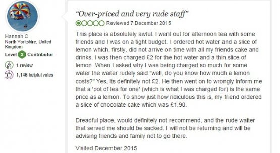 The slating on Tripadvisor, signed by Hannah C., of Bennett's Cafè & Bistro in York. The manager bit back (giving all the data)