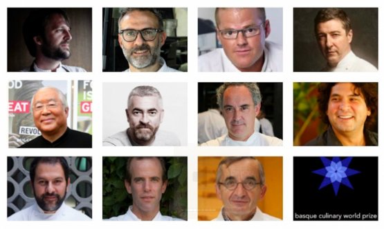 The chefs in the jury of the Basque Culinary World Prize. Top left to right, René Redzepi, Massimo Bottura, Heston Blumenthal, jury president Joan Roca, Yukio Hattori, Alex Atala, Ferran Adrià, Gastón Acurio, Enrique Olvera, Dan Barber, Michel Bras. In order to decide the winner, the jury will count on the help of experts in gastronomy such as Harold McGee, Massimo Montanari, Laura Esquivel, Hilal Elver
