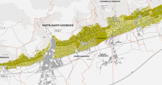 Una cartina dei Climats du vignoble de Bourgogne. Al centro, l'area di Romanée-Conti
