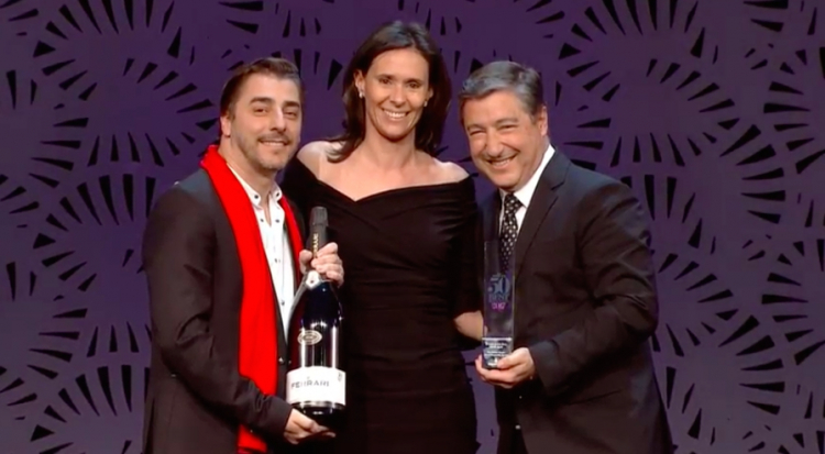Camilla Lunelli from Cantine Ferrari gives the Hospitality of the year award 2017to Jordi and Joan Roca of Celler de Can Roca in Gerona, Spain
