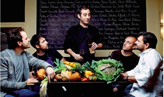 A photo from 2011 snatched from the Guardian with the leaders of Parisian bistronomie: left to right, Gregory Marchand, Iñaki Aizpitarte, Daniel Rose, Giovanni Passerini and Stéphane Jégo. (copyright Denis Rouvre/The Guardian)

