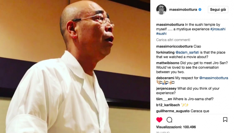 Massimo Bottura at Jiro’s, on the 20th July 2017. He writes on Instagram: "On my own in the temple of sushi. A mystic experience". In the picture, Yoshikazu Ono, son and designated heir of Sukiyabashi Jiro