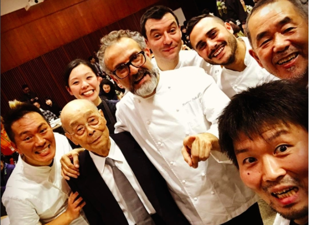 Zaiyu Hasegawa, chef at Jimbocho Den in Tokyo (bottom right) posted this photo on Instagram. Left to right, Takahiko Kondo, Jiro Ono, Emi Hasegawa, Massimo Bottura, Luca Fantin, Riccardo Forapani and Matsuhiro Yamamoto
