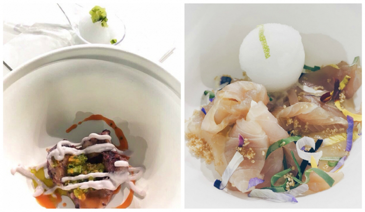 Due chicche di Cedroni a Identità Future: Sorbetto al gin tonic, cetriolo fermentato, polpo cotto a 97°C, salsa verde, acqua di pomodoro, maionese e Ricciola con emulsione di lemongrass e sorbetto al margarita