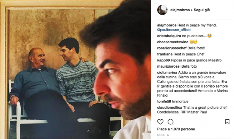 Il saluto su instagram di Massimiliano Alajmo. Bocuse era stato in visita alle Calandre solo poche settimane fa
