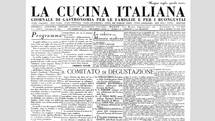 Il primo numero di La Cucina Italiana, 15 dicembre 1929. Al centro, nella lista dei membri del "Comitato di degustazione", si leggono anche i nomi di Massimo Bontempelli e Filippo Tommaso Marinetti
