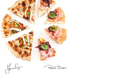 2018: La Pizza from Franco Pepe and Renato Bosco

In 2018 the emblem dish was pizza. Not just one pizza, but two, to unite Italy under the same image. In the photo, seven slices stand out. The three on the left are from Franco Pepe, the four on the right are from Renato Bosco. Campania, where pizza was born, and Veneto, the region where pizza was reborn thanks to Simone Padoan and Bosco himself. Pure conviviality, the innovation of an ancient product, of men and their knowledge, before any possible dough or baking technique 
