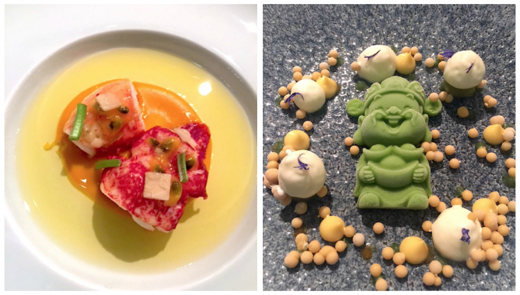 Two dishes from Tim Raue: Lobster, carrot and coriander and the dessert, Passion fruit, Tonka beans and cucumber 
