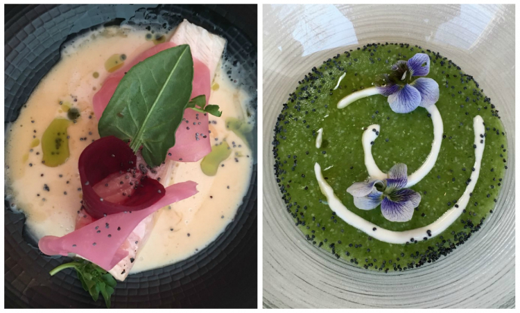 Due altri piatti della Klugmann: Trota, barbabietola in aceto di fava tonka, siero di latte, semi di papavero tostati e Polentina verde alle erbe