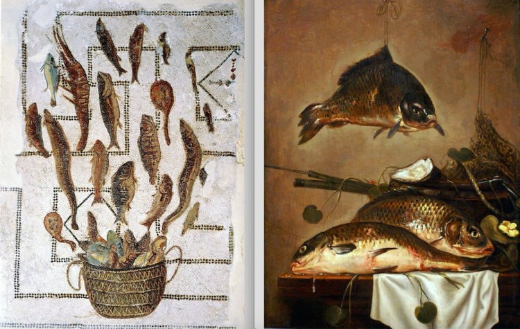 A sinistra, "Pesci che sfuggono da un paniere" (III sec. d.C.) e "La fortuna del pescatore" (Jan Dirven, 1649).
