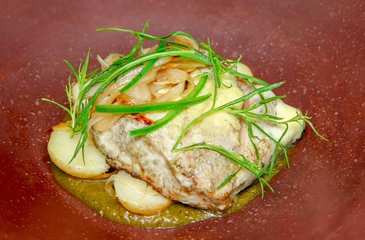 Turbot with potato confit and prickly pear sauce 
