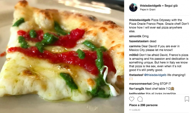 An enthusiastic post by David Gelb on Franco Pepe’s pizza (photo instagram)
