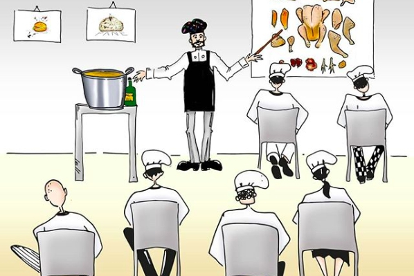 Due disegni per rappresentare il pollo fritto di Alt, un classico da rosticceria ma preparato con un concetto moderno per renderlo gustoso e leggero