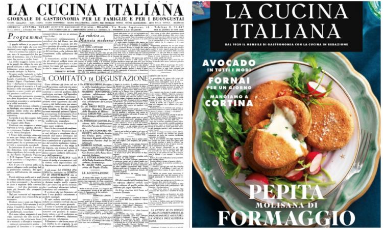 Primo e ultimo numero de La Cucina Italiana: a sinistra quello del dicembre 1929, a destra quello del marzo 2019 
