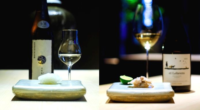 Two examples of pairing, with sake and wine 
