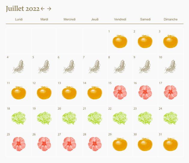 The July calendar at Mirazur. Every day they state the type of menu that will be offered, alternated base on the moon, and dedicated to roots, fruits, flowers or leaves
