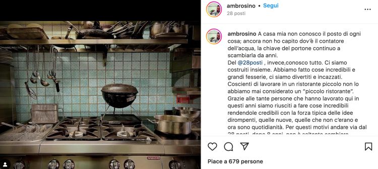 Il post dello chef Marco Ambrosino con i "saluti" al 28 posti e ai suoi collaboratori
