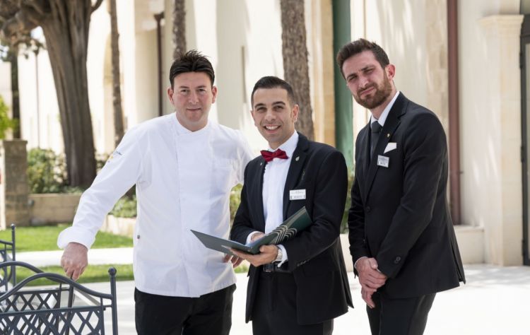 The chef from Principe di Belludia at Il San Corrado di Noto, Paolo Gionfriddo, with head sommelier Benito Scatà and Mattia Lorenzo
