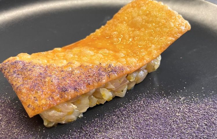 Tartare di ombrina con pasta al vino fritta, riduz