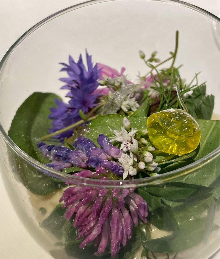 Olio e la montagna: un signature estivo di chef Gilmozzi, un piatto creato 22 anni fa, ma così attuale nel gusto. Si tratta di un'insalata che ci porta nel cuore delle Dolomiti, composta da ben 18 erbe, 3 fiori e 3 consistenze di olio . in gelato, sferificato e liquido - condita da un sale invecchiato circa 20 milioni di anni
