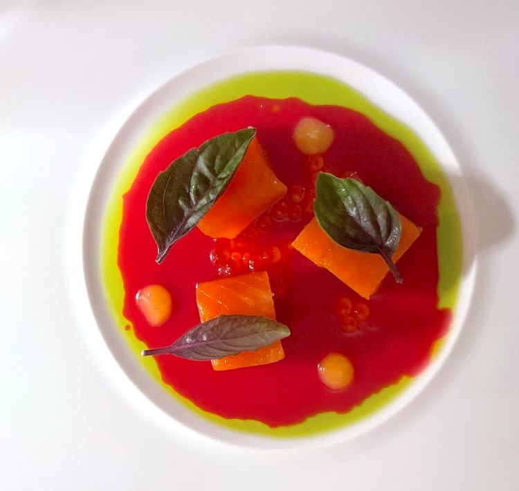Trota della Sila con gel di limone salato, aneto e rapa rossa