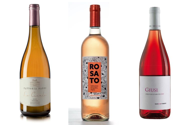 Da sinistra, Le Cicale di Fattoria Sardi, il Rosato di Collemattoni e Cerasuolo d'Abruzzo “Giusi” di Tenuta Terraviva