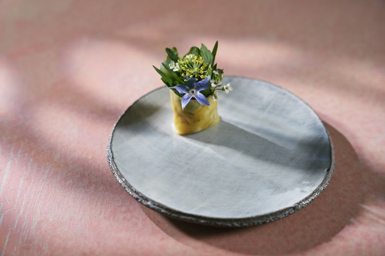 Sedano rapa e semi di zucca - &laquo;Cestino di sedano rapa preservato in salamoia e farcito con seppia dell'Alto Adriatico condita con un'emulsione di semi di zucca, prezzemolo e levistico. All'interno, l'acidit&agrave; del bergamotto e la&nbsp;nota piccante dal peperoncino. In cima, sono le prime erbe di stagione:&nbsp;lattuga gentile, fiore di violetta, dragoncello&raquo;. Anche qui, cambia il finale, con erbe diverse
