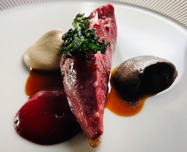 Petto di piccione servito al punto rosa con frutti rossi, funghi ossidati, nocciola e a terminare il suo fondo arricchito con grue di cacao
