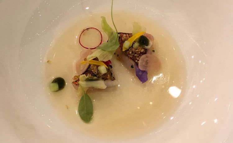 Triglia Marinata con cetriolo, ravanello, verbena e uva bianca in infuso ghiacciato