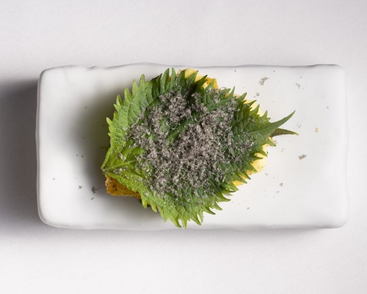 Shiso, cioccolato bianco, polenta e polvere di caviale Calvisius

