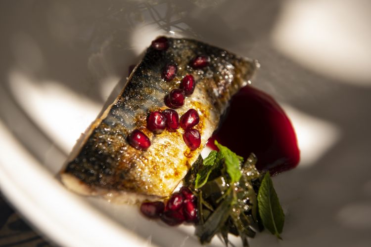Sgombro affumicato con melograno, foglie di capperi e menta. Scopri qui la ricetta