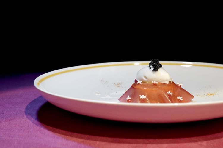 Apricot in a warm clafloutis, gel of rose syrup from Vipiteno, frozen cream of almonds from Noto, caviar. Dedicated to Corrado Assenza
