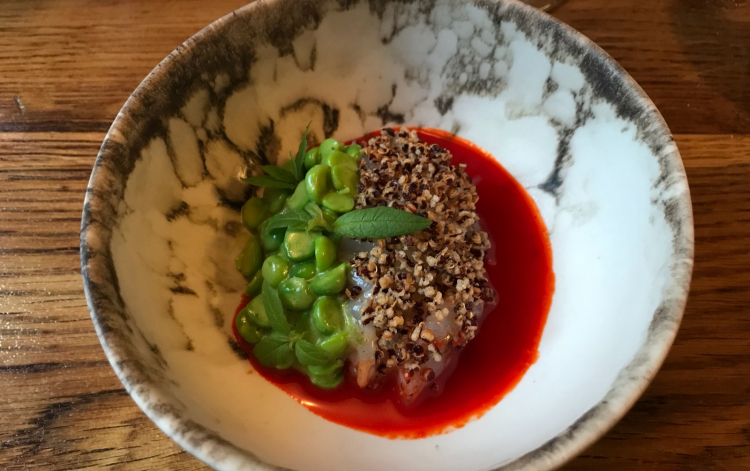 Norwegian langoustine tartare with fried quinoa, fresh peas, sea mint mayonnaise, reduction of red pepper, smoked paprika and lemon verbena leaves