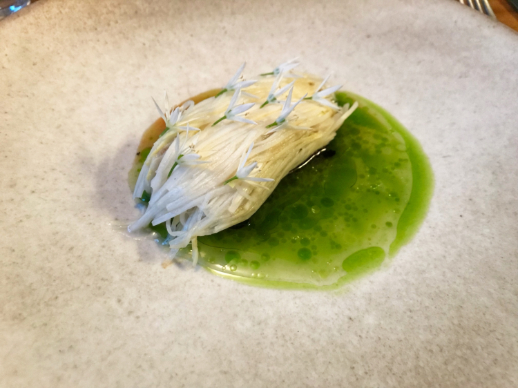 Marinated monkfish in barley miso with spaghetti of white asparagus
