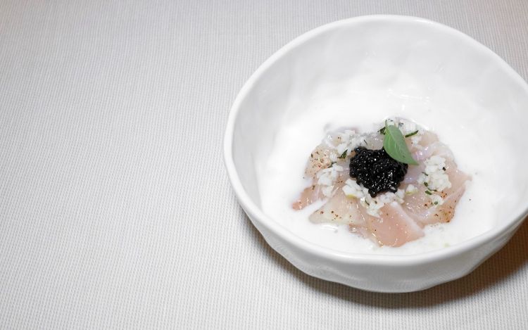 Assai buono questo Storione marinato, tartare di cocco, caviale, ceviche al latte di cocco
