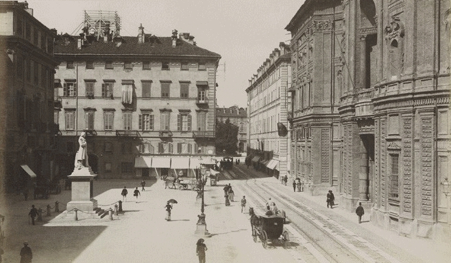 Piazza Carignano and Del Cambio in an old photo
