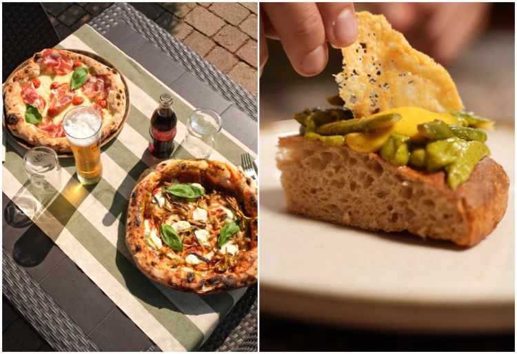 Alcuni assaggi da Strafile: a sinistra due pizze tonde, a destra la Padellino con punte d’asparagi freschi, crema all’uovo, cialda al pecorino pugliese e pepe macinato in grani