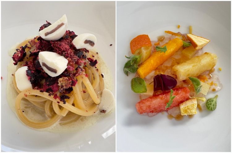 Tagliatelle, burro, alici, luppolo e mirtilli e Agrumi e cannella
