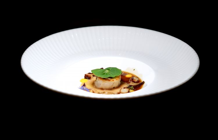 Temolo marinato in garum di pesce, poi grigliato, con mousse di funghi e tartufo, tartufo nero, crema di miso e cavolfiore, dadolata di cavolfiore bruciato nel miso, maionese al cipollotto, ramen di teste di temolo con shiitake, garum di pesce e salsa ariete di Carlo Nesler (salsa shoyu di ceci e frumento, maturata almeno un anno. Da agricoltura biologica certificata)
