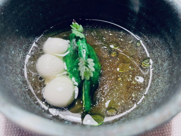 The Forest Tea con mezzaluna alle erbe e ai funghi criniera di leone, sfere al formaggio di alpeggio in brodo di marzo, Terra The magic place