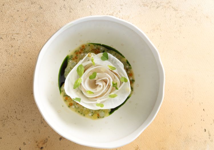 Rosa di branzino, ravanello giapponese, agrumi e 