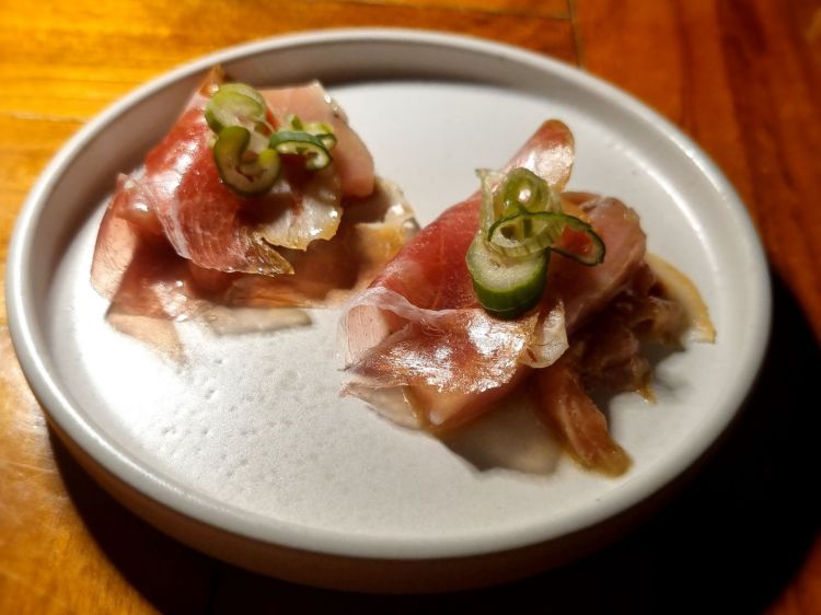 Tonno, Culatello, salsa wafu, cipollotto