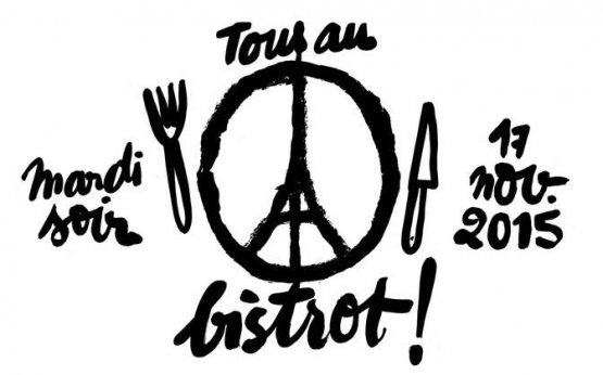 Il disegno della Torre Eiffel che diventa simbolo della pace, creato dal graphic designer Jean Jullien, è diventato il logo di "Tous au bistrot", iniziativa lanciata dalla guida Le Fooding per invitare tutti i parigini a riempire i ristoranti lo scorso martedì sera