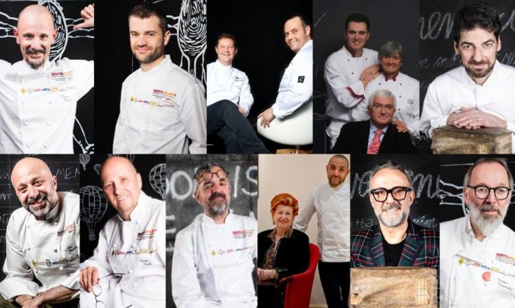 Gli chef tristellati in Italia, edizione 2020. Da in alto a sinistra, in senso orario: Enrico Crippa; Enrico Bartolini; Chicco e Bobo Cerea; Giovanni, Nadia e Antonio Santini; Massimiliano Alajmo; Niko Romito; Heinz Beck; Mauro Uliassi; Annie Feolde e Riccardo Monco; Massimo Bottura e Norbert Niederkofler
