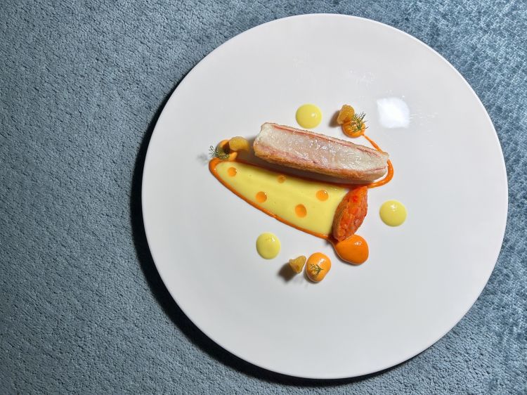 Triglia in crosta di pane: triglia con pane croccante, harissa, salsa di pomodorini datterini, olio evo piccante. Piatto d'eccezionale armonia, sempre ardita
