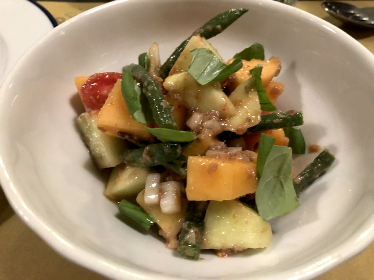 Diego Rossi: Salad of melon, barattiere, French beans, Giarratana onion, basil
