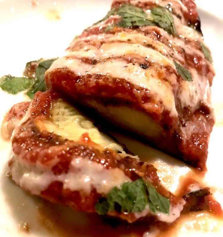 Diego Rossi: Aubergines alla romana, cacio e pepe sauce, mint