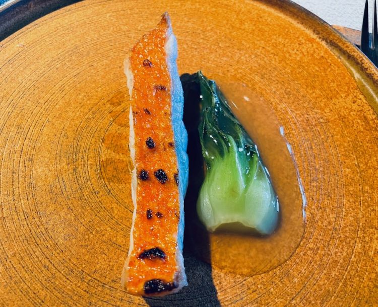 Dentice dorato stagionato per diversi giorni, con la pelle essiccata e scottata. Servito con pak choi coltivato in campo, il suo succo e una salsa ricavata dalle lische di pesce
