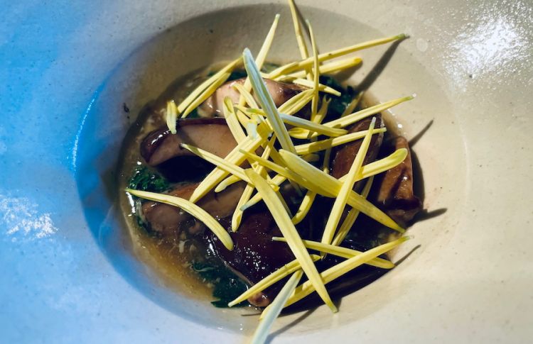 Funghi porcini e Crisantemo: Funghi porcini grigliati sulla brace, abbinati a crisantemi, soba e petali di crisantemo di campo
